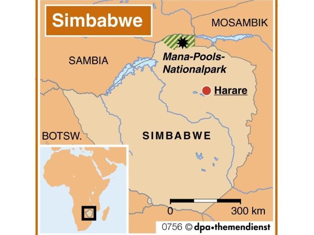 Der Nationalpark Mana Pools liegt im Nordwesten Simbabwes am Sambesi-Fluss. Er ist bei Touristen vor allem für seine Tierwelt bekannt, es gibt Löwen und Elefanten zu bestaunen ? allerdings sind beide durch Wilderei und landwirtschaftliche Nutzung gefährdet. Grafik: dpa-infografik GmbH Foto: dpa-infografik GmbH