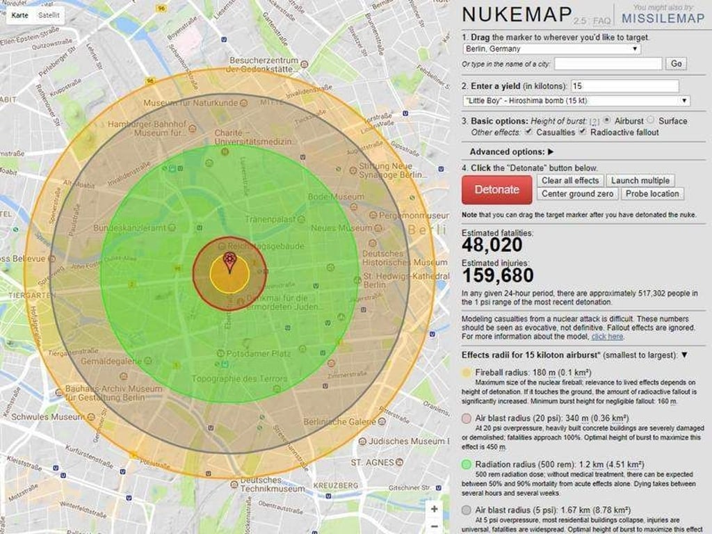Was passiert, wenn eine Atombombe Berlin trifft? Die Seite nuclearsecrecy zeigt ein mögliches Szenario. Screenshot: www.nuclearsecrecy.com/nukemap/dpa-infocom Foto: