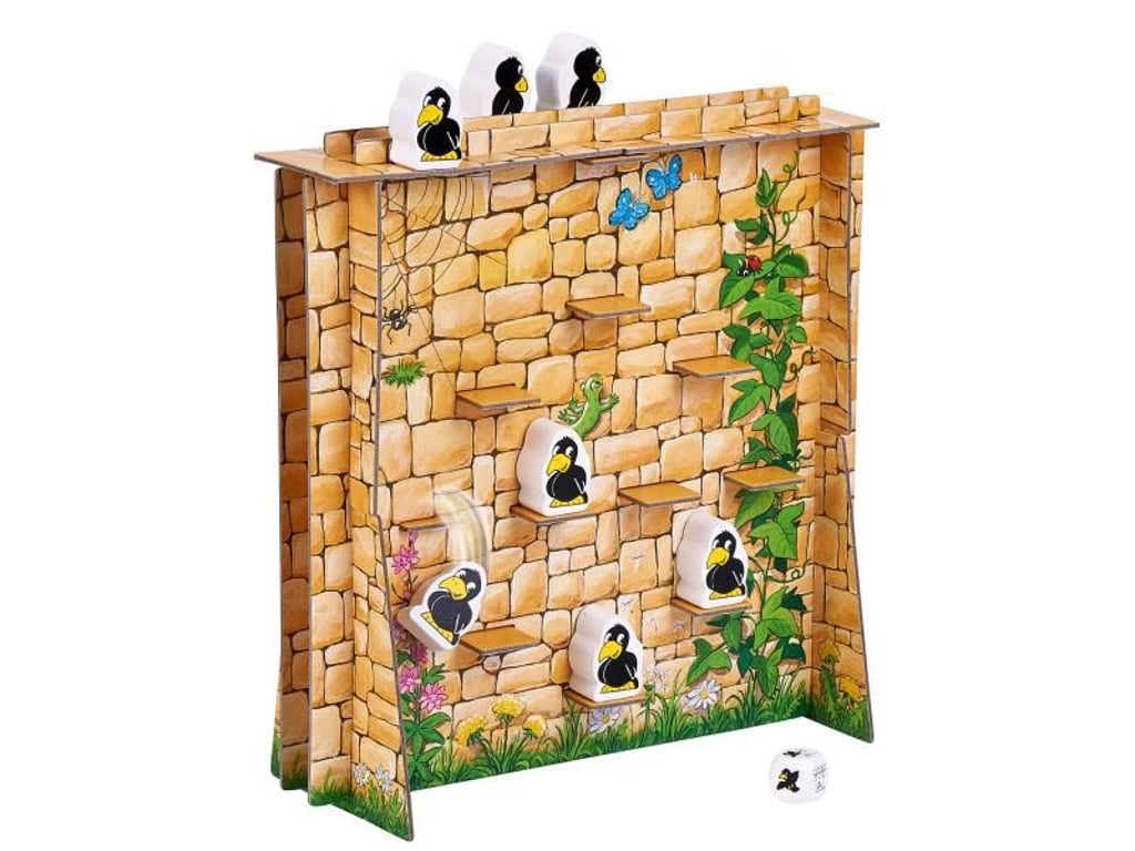 Bei dem Spiel «Raben Schubsen» versucht jeder Spieler die eigenen Figuren auf der Mauer zu positionieren. Die Raben des Gegners sollen hingegen herrunterfallen. Foto: moses. Verlag