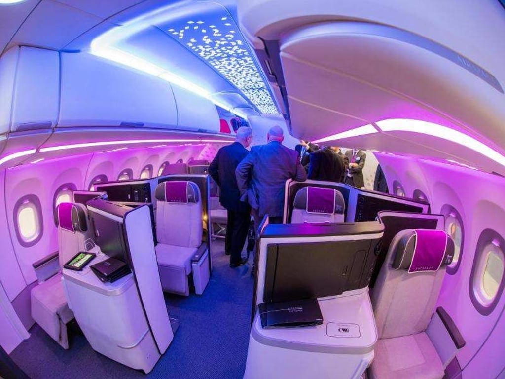 Neue Kabineneinrichtungen von Airbus. Mehr als 500 Aussteller präsentieren auf der Fachmesse Aircraft Interiors Expo Neuigkeiten und Innovationen für die Flugzeugkabine. Foto: Jens Büttner