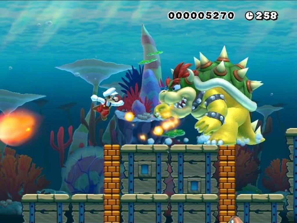 Mario gegen Koopa unter Wasser mit Feuerbällen? Kein Problem. Der «Super Mario Maker» erlaubt auch absurde Level im Eigenbau. Screenshot: Nintendo Foto: Nintendo