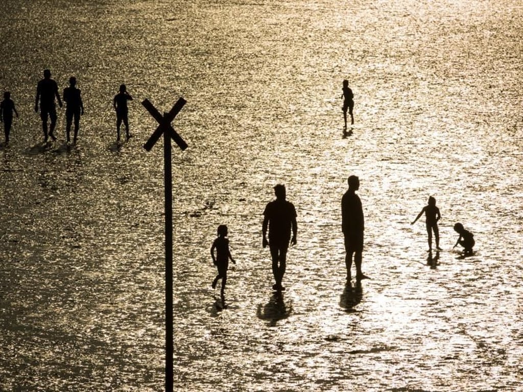 Strandbesucher gehen über das in der untergehenden Sonne glitzernde Watt der Nordsee. Foto: Christian Charisius