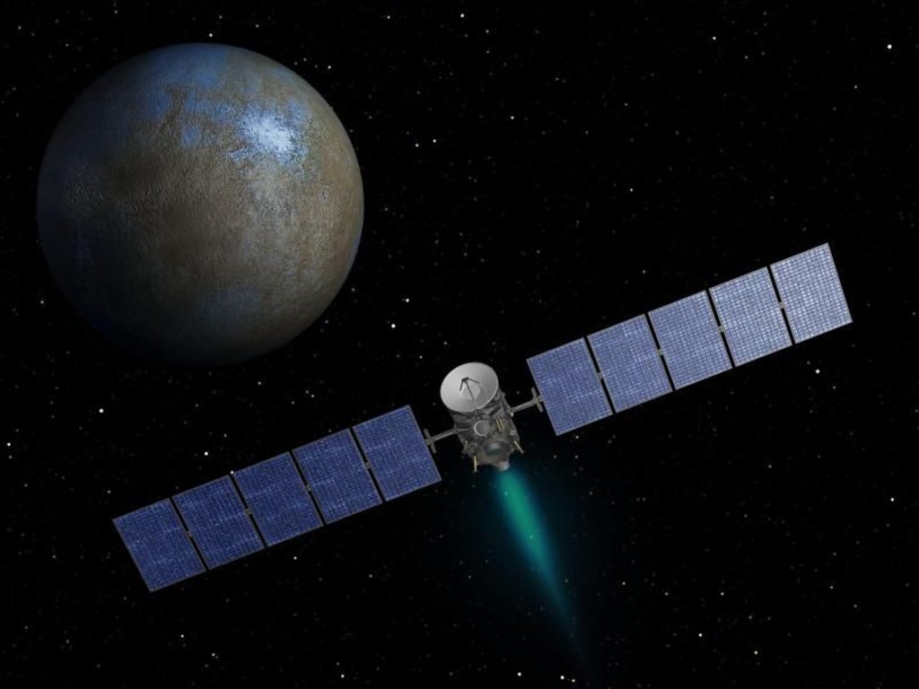 Die Zeichnung zeigt Dawn vor dem Zwergplaneten Ceres. Foto: Nasa / JPL-Caltech