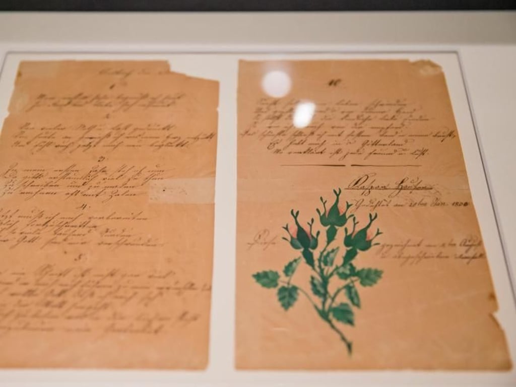 Das "Gedicht mit drei Rosenknospen" von Kaspar Hauser im Markgrafen-Museum in Ansbach (Bayern) Foto: Daniel Karmann
