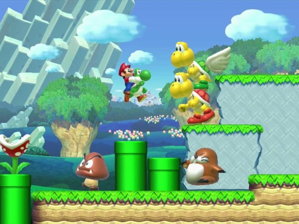 Riesenschildkröten, Pilze und grinsende Biber sind nur eine kleine Auswahl der Herausforderungen, die man Mario und seinem Kumpel Yoshi auf den Hals hetzen kann. Screenshot: Nintendo Foto: Nintendo