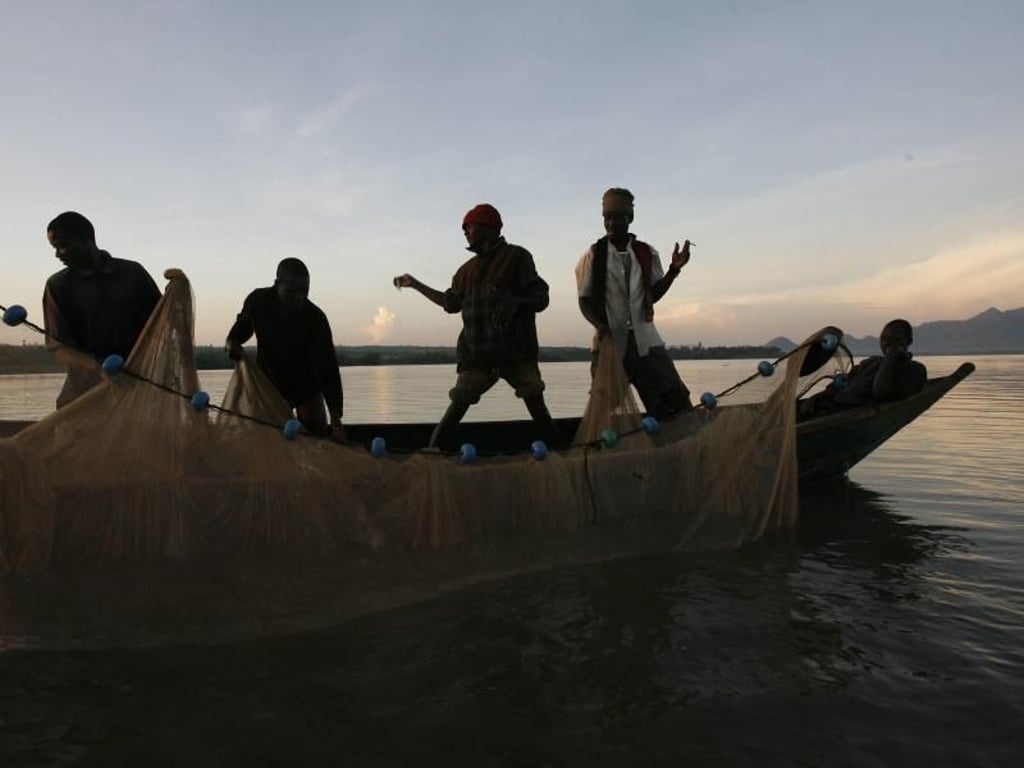 Fischer fahren auf dem Viktoriasee und holen ihre Netze ein. Foto: Stephen Morrison, EPA