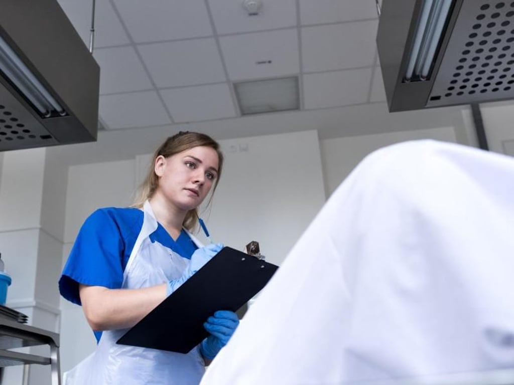 Umfangreiche Ausgaben: Neben der Arbeit an Leichen müssen Sektionsassistenten wie Lucie Fechner zum Beispiel auch Befunde dokumentieren oder Angehörige betreuen. Foto: Alexander Heinl/dpa-tmn