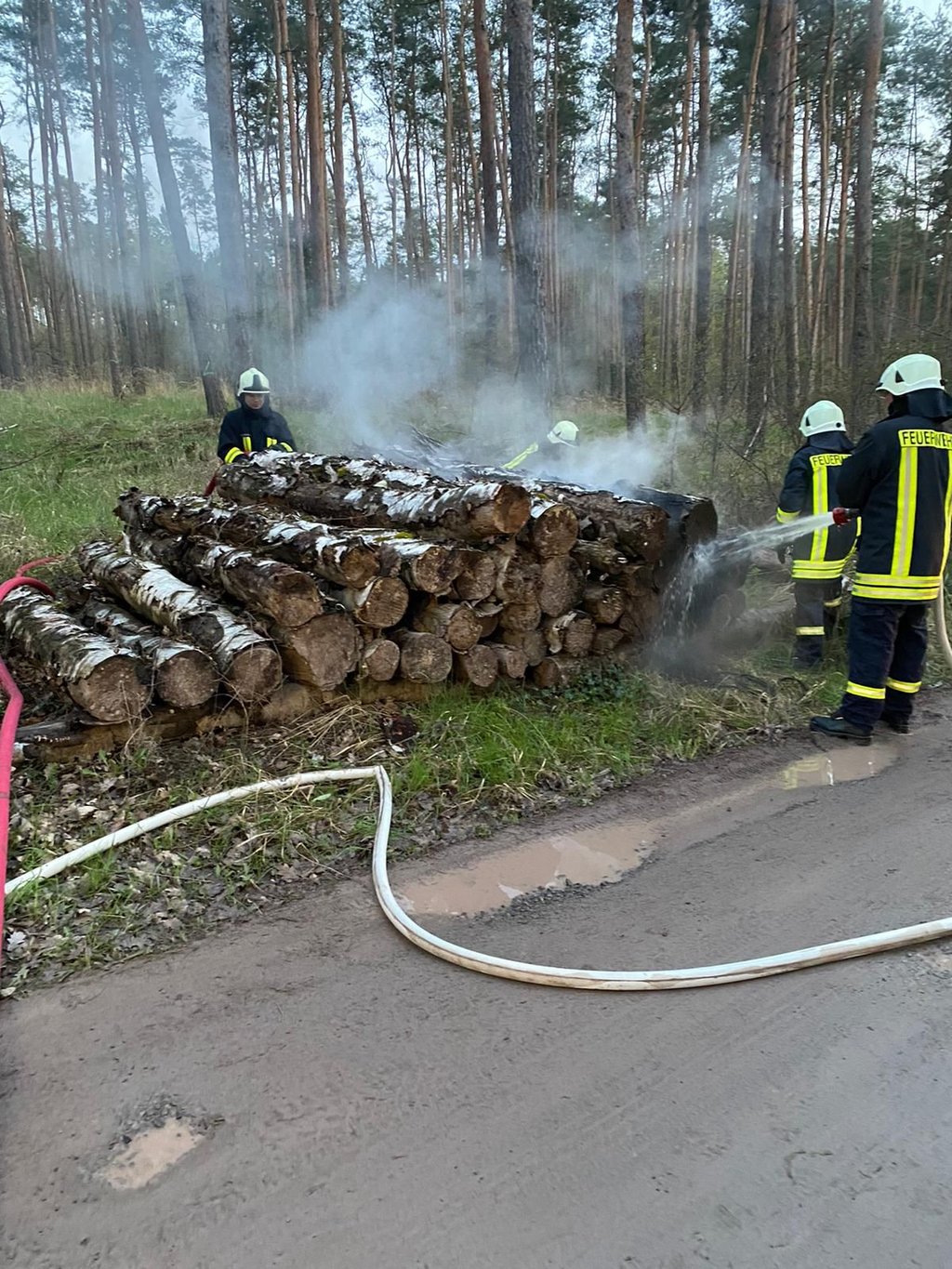 Brand eines Holzpolters in Plötzky am 19. April 2021 - vermutlich erneut Brandstiftung