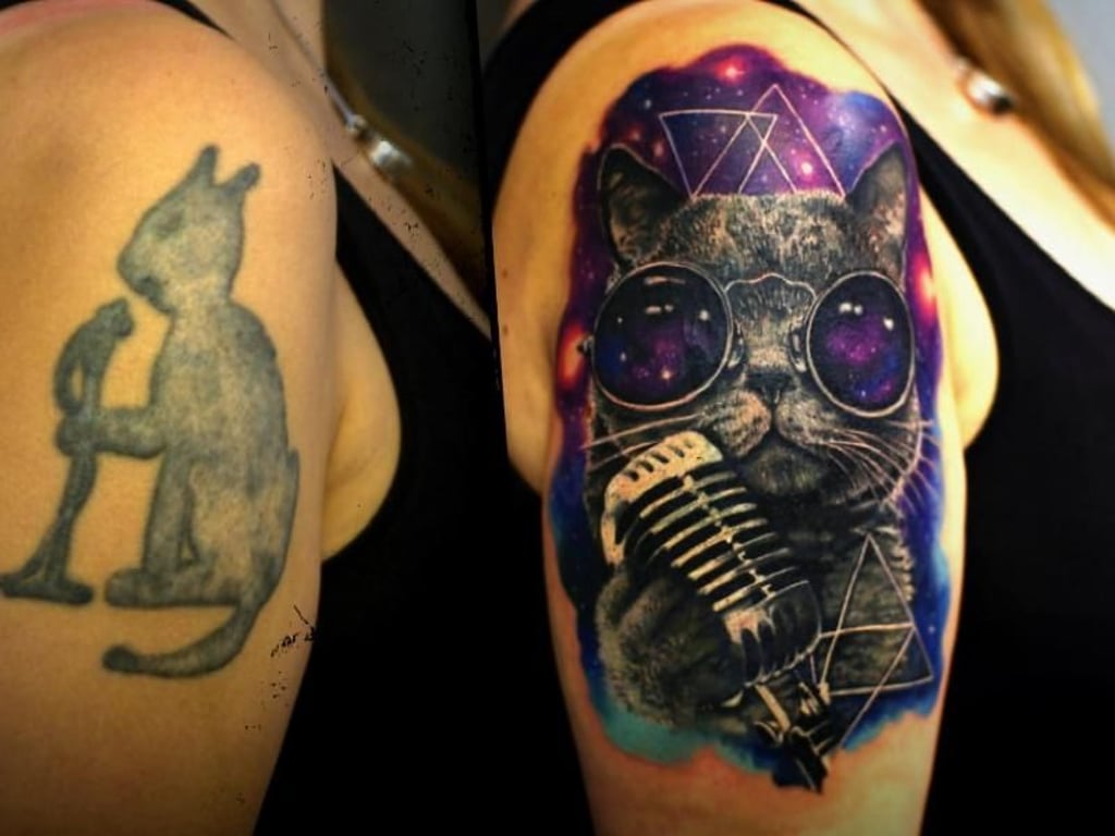 Transformation einer Katze: In der Sixx-Sendung «Horror Tattoos» werden solch missungene Tattoos wie links mit neuen Motiven überdeckt. Foto: sixx