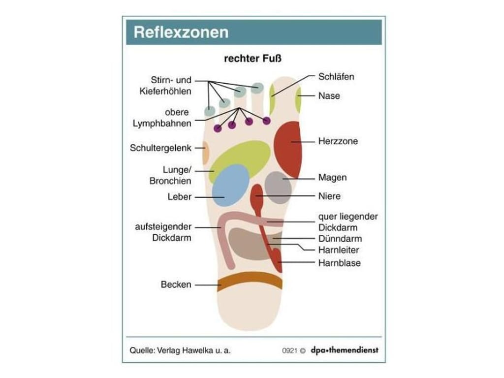 Nach der Lehre der Fußreflexzonen sind alle Organe und Körperteile über Energiebahnen mit den Füßen verbunden. Foto: dpa-infografik