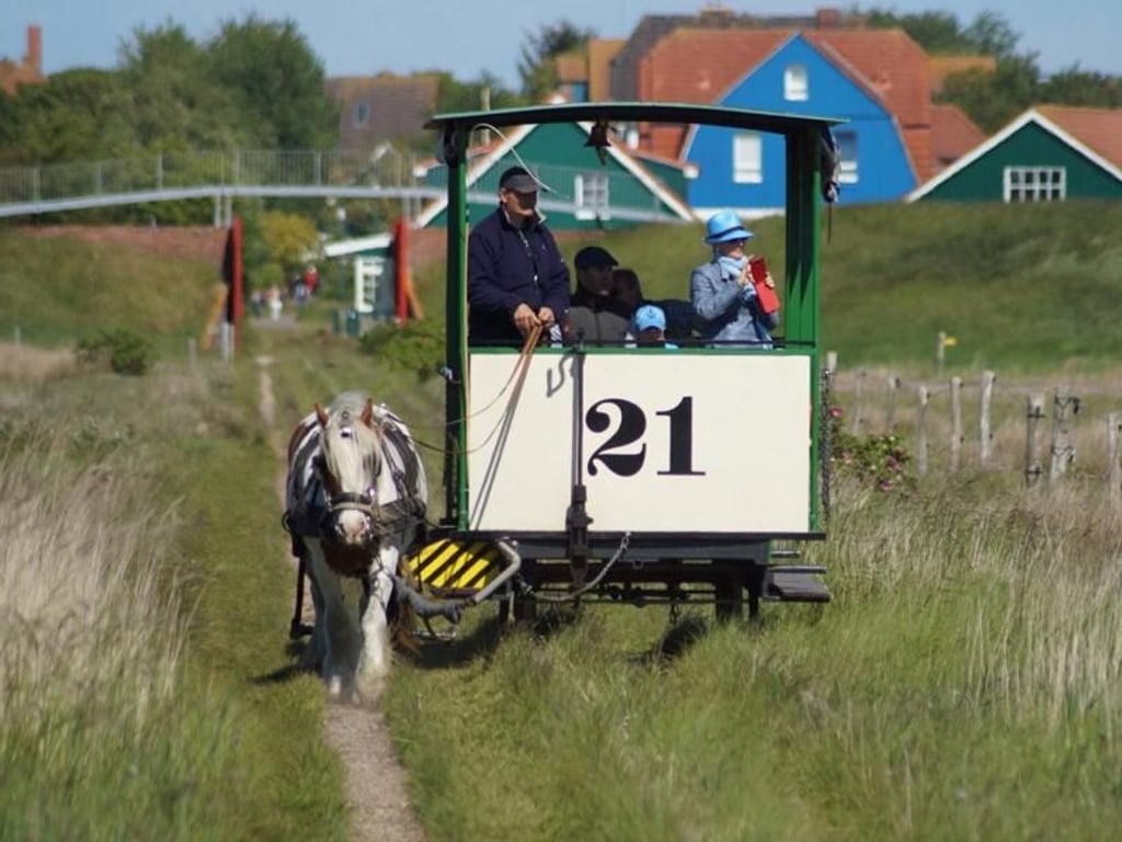 Eine Bahn, die von einem Pferd gezogen wird: Diese Besonderheit gibt es auf Spiekeroog. Foto: Archiv Nordseebad Spiekeroog GmbH