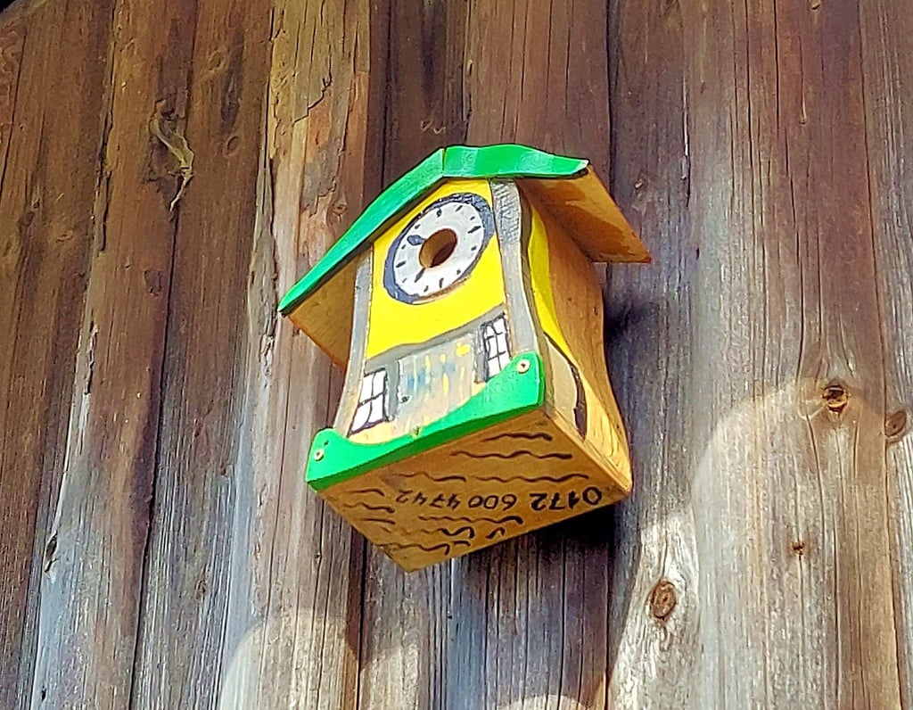 Dieser Brutkasten für Meisen ist äußerlich einer Kuckucksuhr nachempfunden.