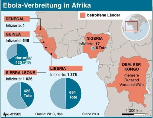 Karte Afrikas mit von Ebola betroffenen Ländern, Zahl der Infizierten und Toten.
