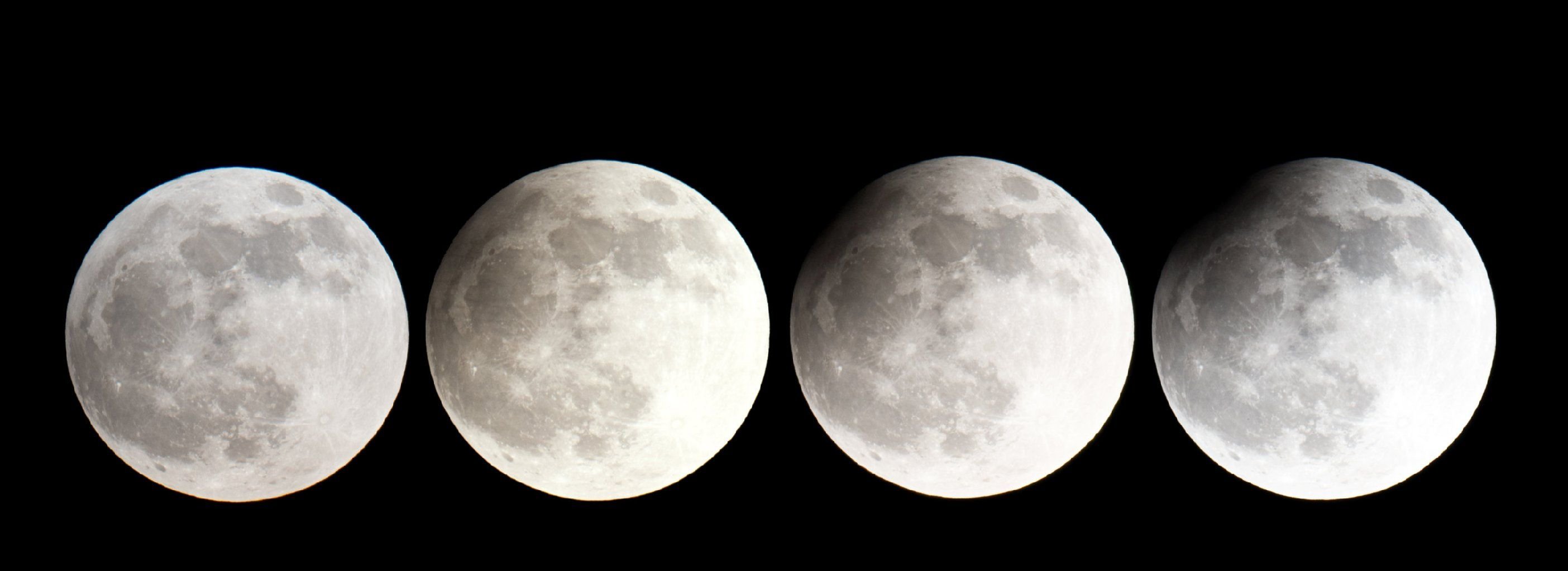 Die vierteilige Bildkombo zeigt den Vollmond am 25.04.2013 am Nachthimmel über Frankfurt (Oder) (Brandenburg) im Verlauf der partiellen Mondfinsternis.