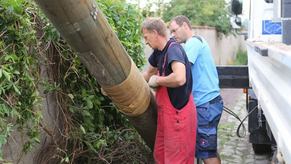 Dirk Händel (vorn) und Torsten Kühn setzen in Schkortleben für die Freileitung einen neuen Holzmasten.