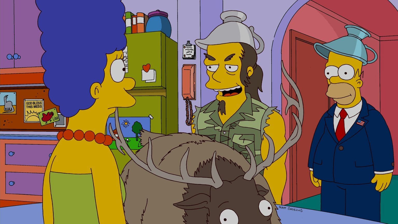 Zu Besuch bei Homer (r.) und Marge (l.): Rockmusiker Ted Nugent (M.).