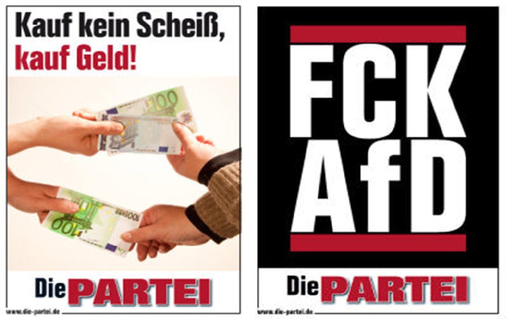 Satire pur: Links der „Die Partei“-Aufruf, Geld zu kaufen – rechts die Anti-AfD-Postkarte für Spender.