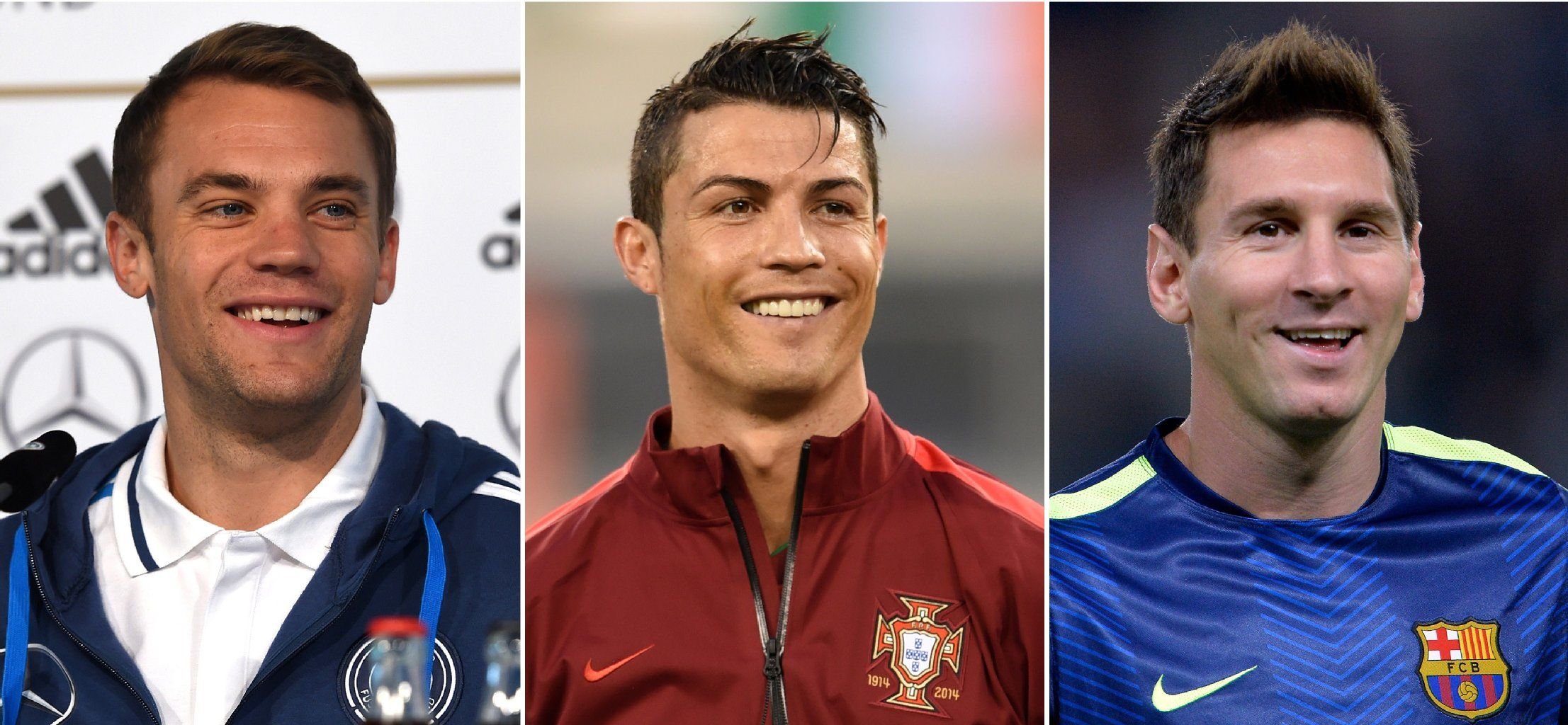 Manuel Neuer (links), Cristiano Ronaldo (Mitte) und Lionel Messi sind in der Endrunde zur Wahl des Weltfußballers des Jahres.