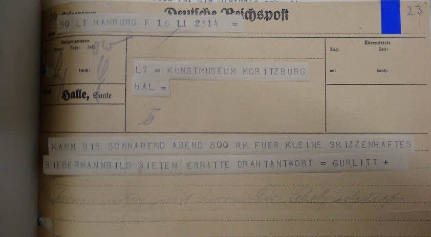 „Kann bis Sonnabend Abend 800 Reichsmark für kleine Skizze Liebermannbild bieten - erbitte Drahtanwort“, heißt es in diesem Fernschreiben von Gurlitt