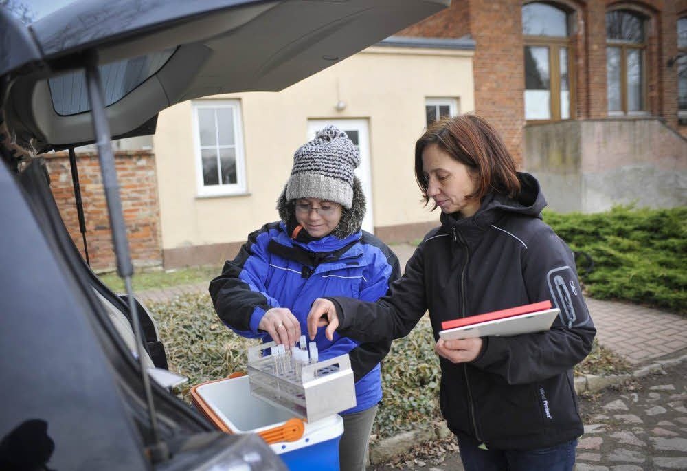 Die Tierärztinnen Natalia Cester und Silke Rätzel vom Veterinäramt des Landkreises Anhalt-Bitterfeld kontrollierten gestern in einem Radius von 3 000 Metern zum Fundort der mit dem Vogelgrippe-Virus infizierten Stockente Geflügelhaltungen, so wie hier im Akener Ortsteil Mennewitz.