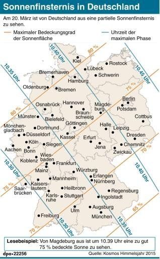Die Deutschlandkarte zeigt die regionale Uhrzeit der Finsternis und den jeweiligen Bedeckungsgrad der Sonne am 20. März.