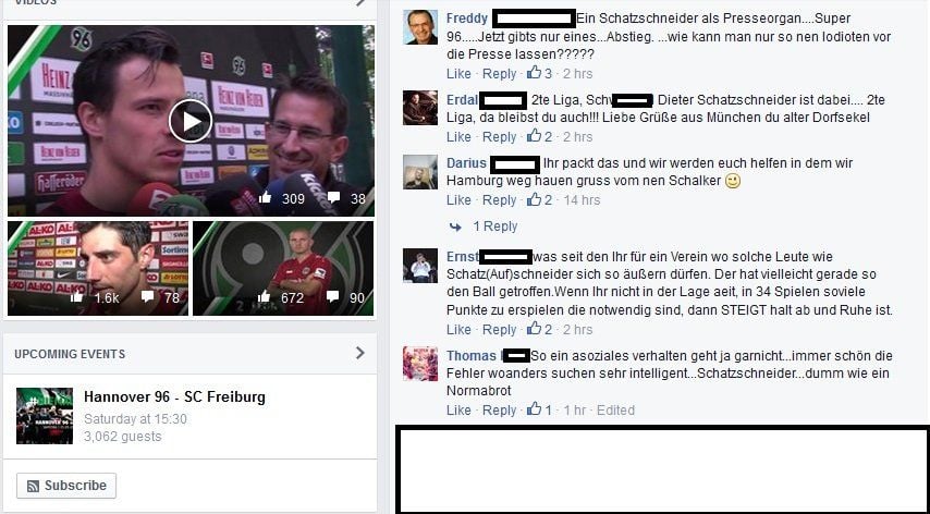 Negative und beleidigende Kommentare auf der Facebook-Seite von Bundesligist Hannover 96.