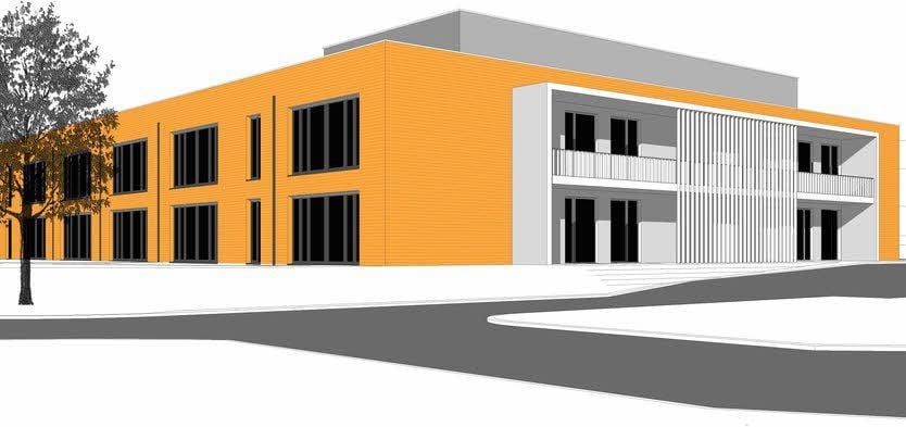 Eine Architekturskizze des beauftragten Berliner Planungsbüros zeigt den Neubau auf dem Klinikgelände.