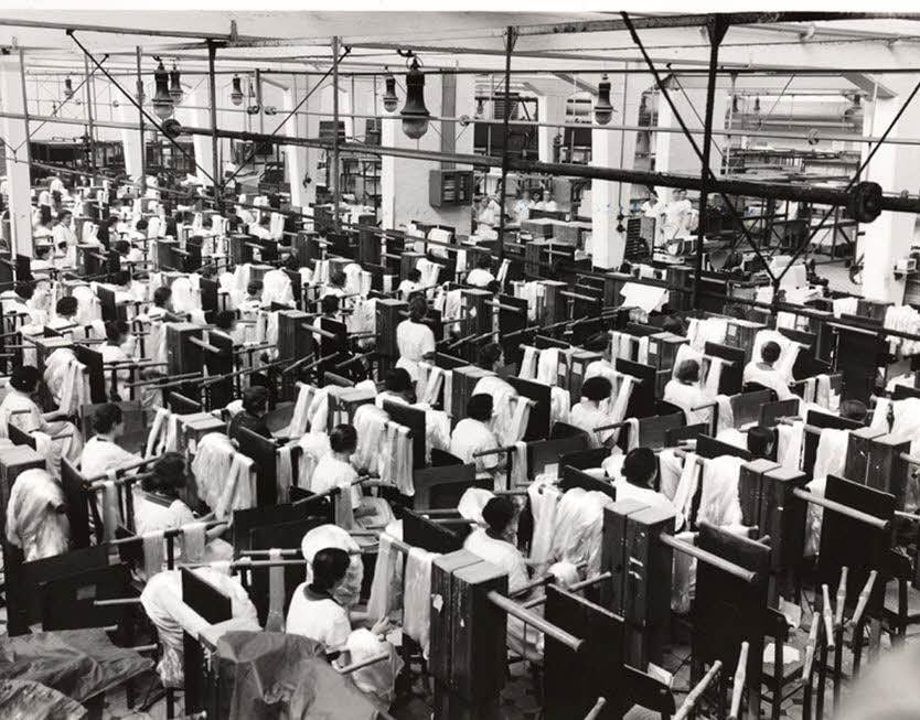 Mitarbeiterinnen der Filmfabrik arbeiten 1955 in Reih und Glied im Fotochemischen Institut des Betriebes.