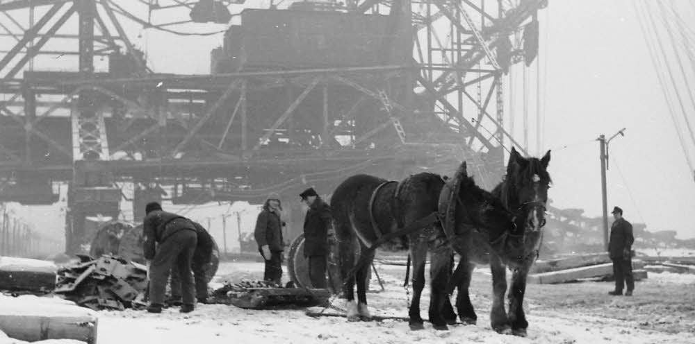 Der Winterkampf hat es in sich. Der Zschornewitzer Bauer Willy Ackermann ist mit seinem Pferdefuhrwerk zum Transport von Kleineisen immer dabei. Das Bild stammt etwa aus dem Jahr 1960 und wurde am Bagger 617 in Muldenstein aufgenommen.
