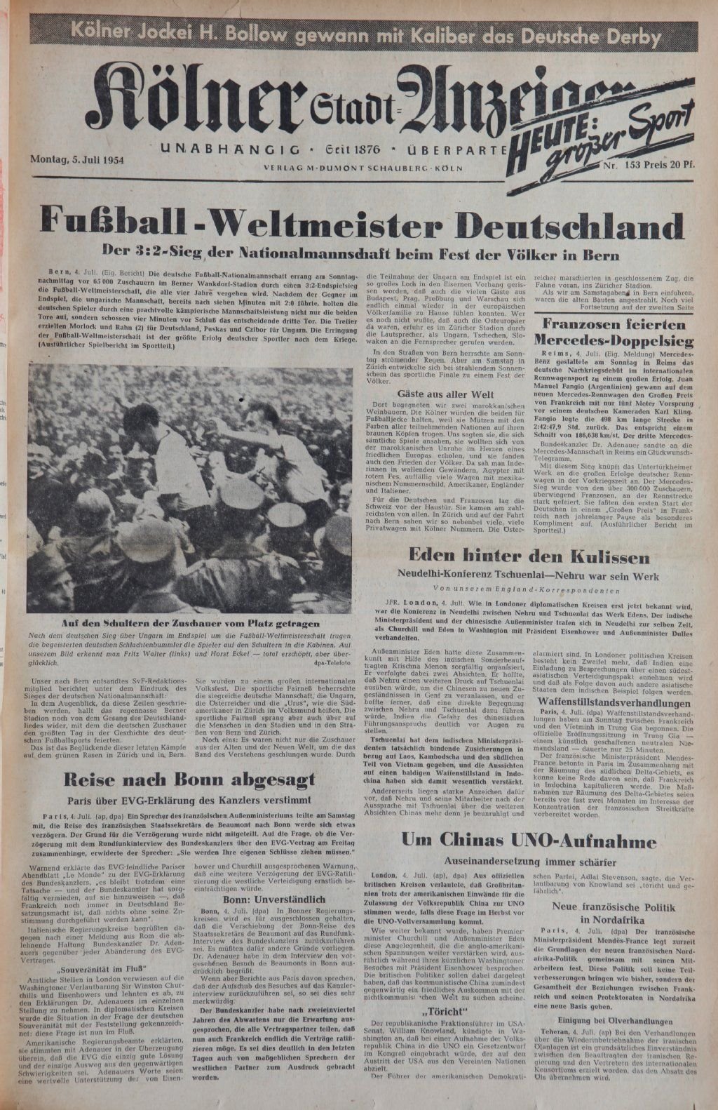 Titelseite des „Kölner Stadt-Anzeiger" nach dem WM-Triumph 1954