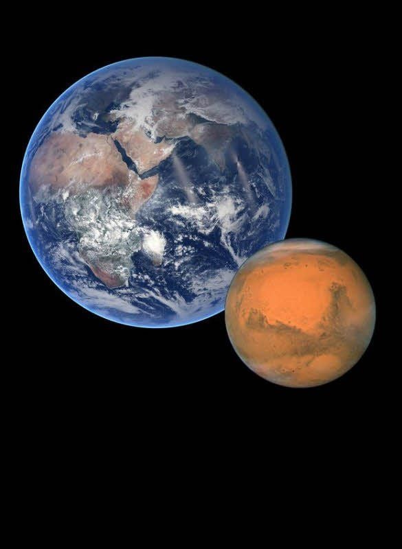 Der Mars ist nur etwa halb so groß wie die Erde.