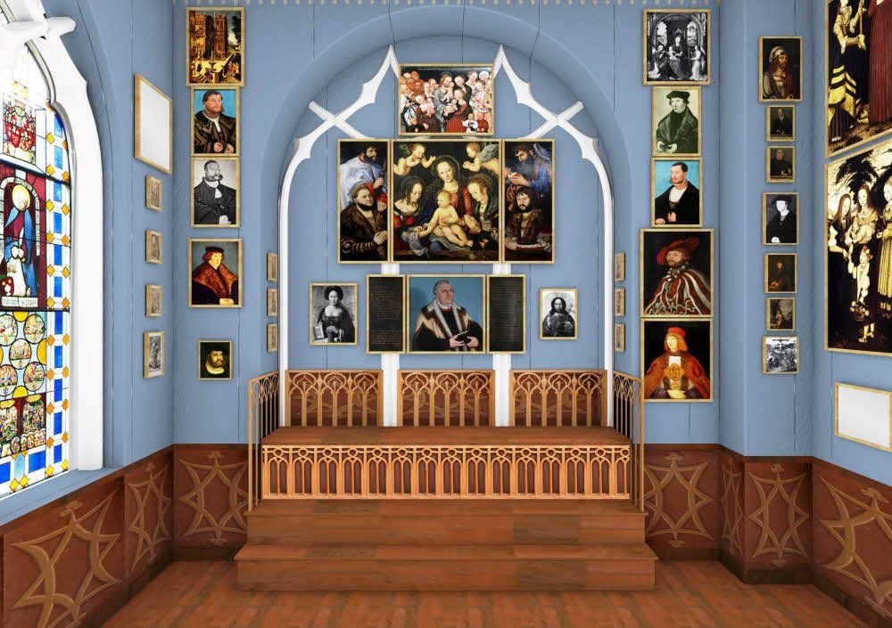 Das „Geistliche Kabinett“ in simulierter Hängung mit Cranachs „Fürstenaltar“ im Zentrum
