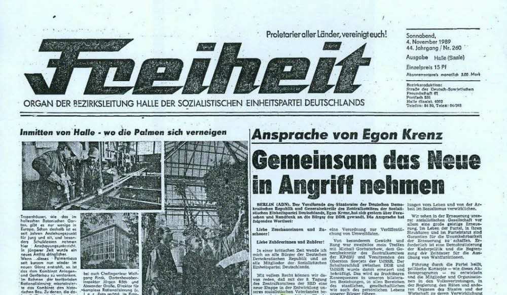 Die Titelseite der SED-Bezirkszeitung "Freiheit" vom 4. November 1989