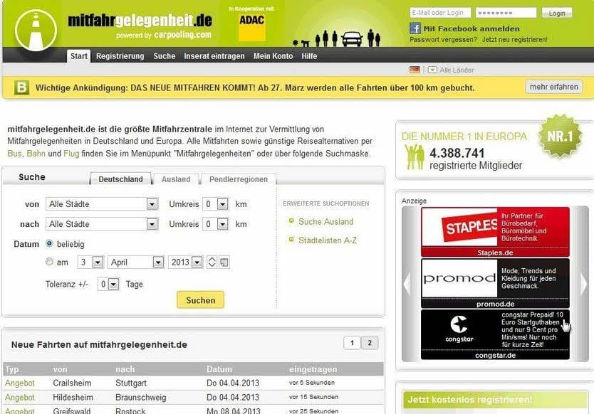 Ein Screenshot der Startseite des Online-Portals