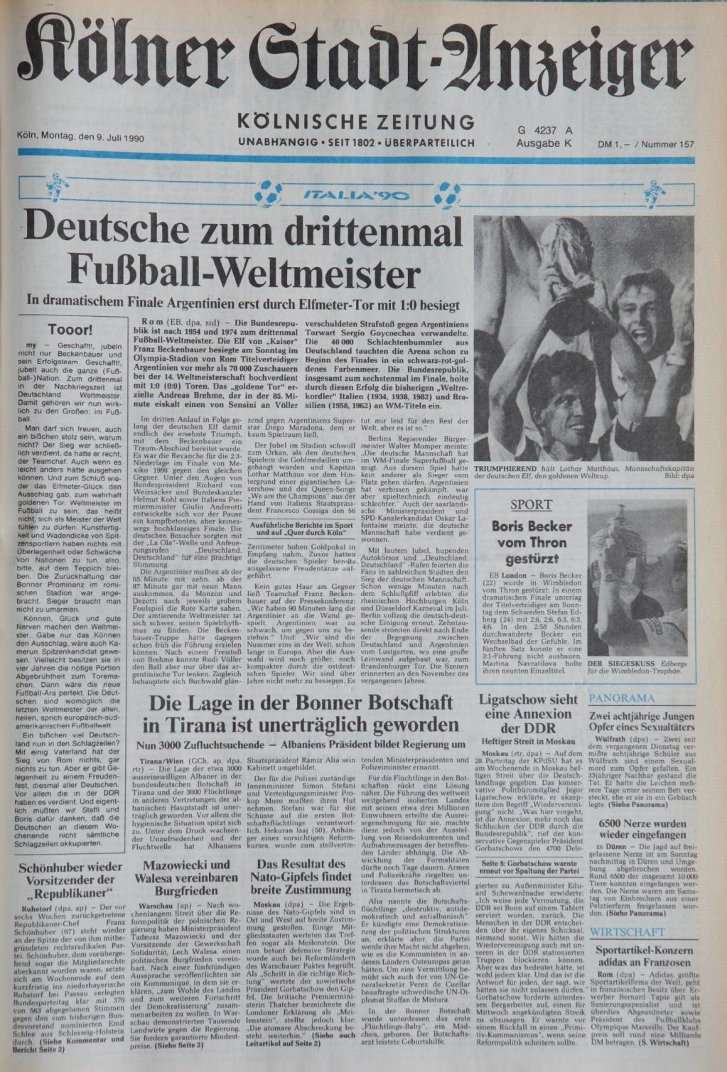 Titelseite des „Kölner Stadt-Anzeiger" nach dem WM-Triumph 1990