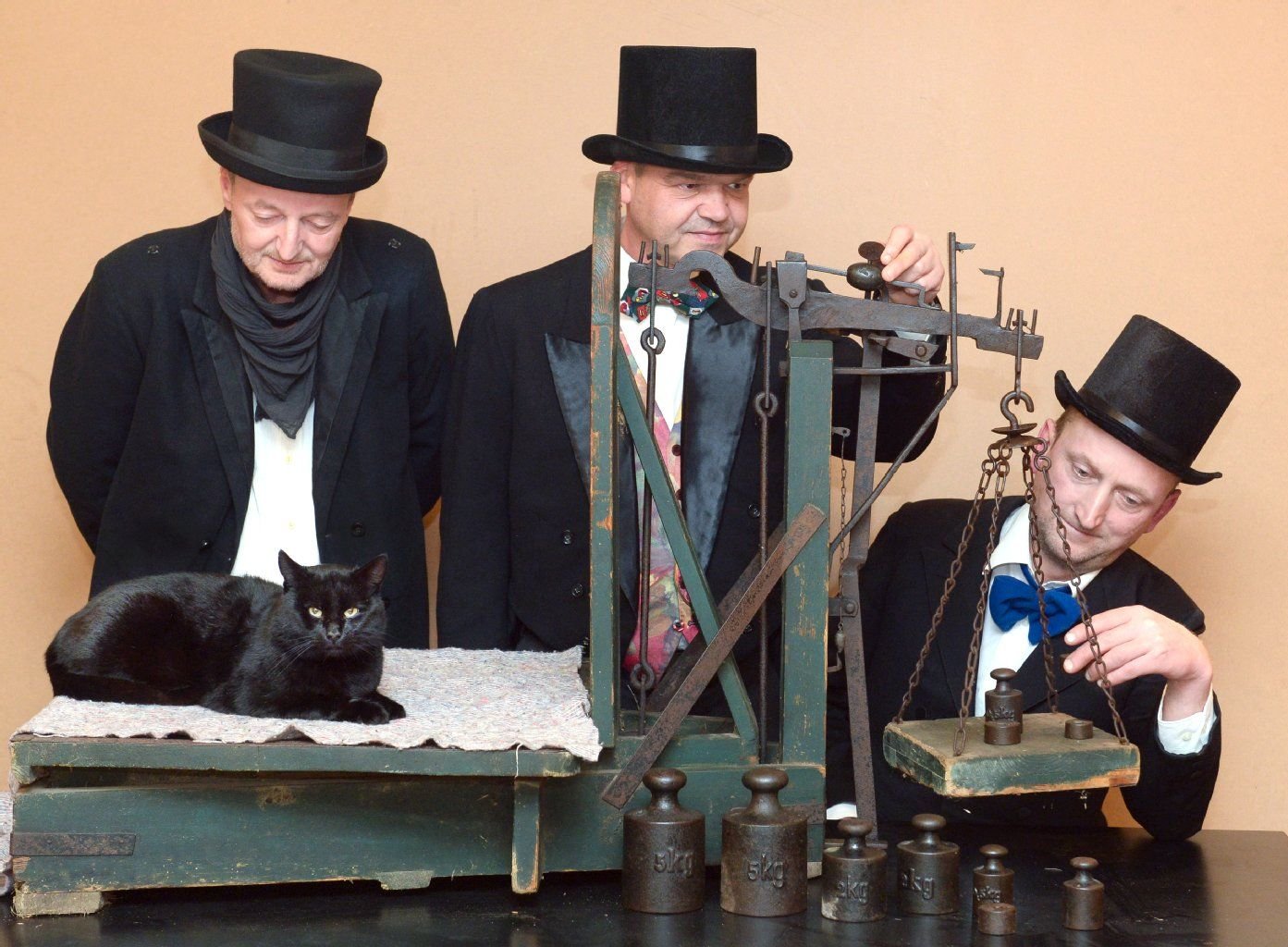 Die «Katzenwieger» (l-r) Jens Lommatzsch, Jens Kopra und Jonny May wiegen den Kater Nero in Voigstdorf (Sachsen)