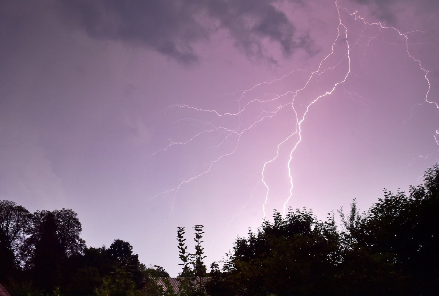 Ein Blitz erhellt während eines Gewitters den abendlichen Himmel.