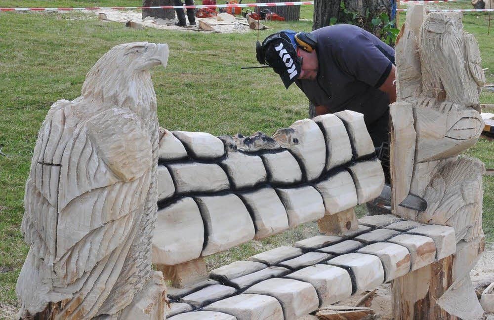 Roger Malter aus Rheinland-Pfalz gestaltete diese Bank mit Adler und Eule als Lehne. Kunstwerke aus Holz sollen nun den Lutherweg zieren.