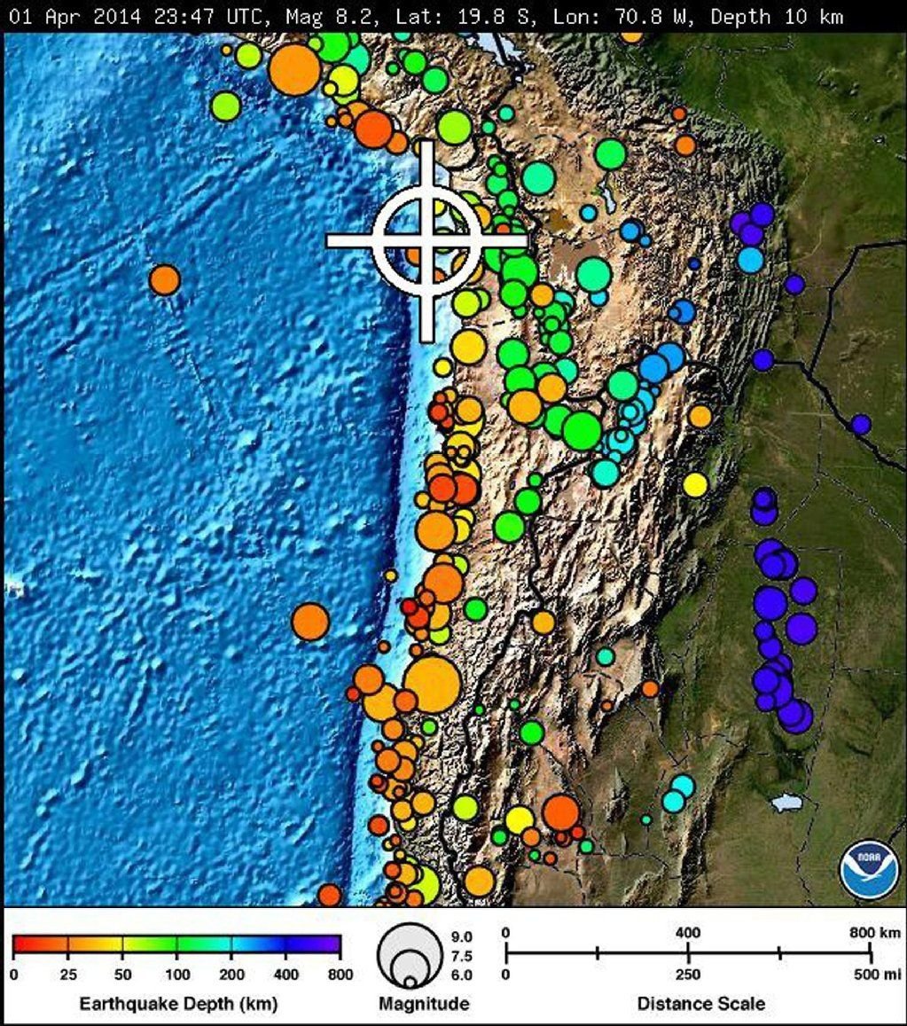 Der Schwerpunkt des Bebens in Chile ist mit dem weißen Kreuz markiert.