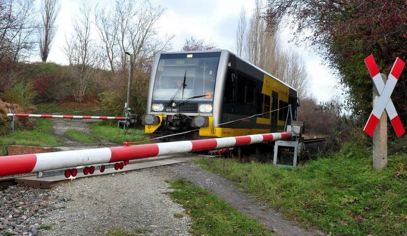 Die Burgenlandbahn fährt am Bahnübergang Obergreißlau in Richtung Zeitz.