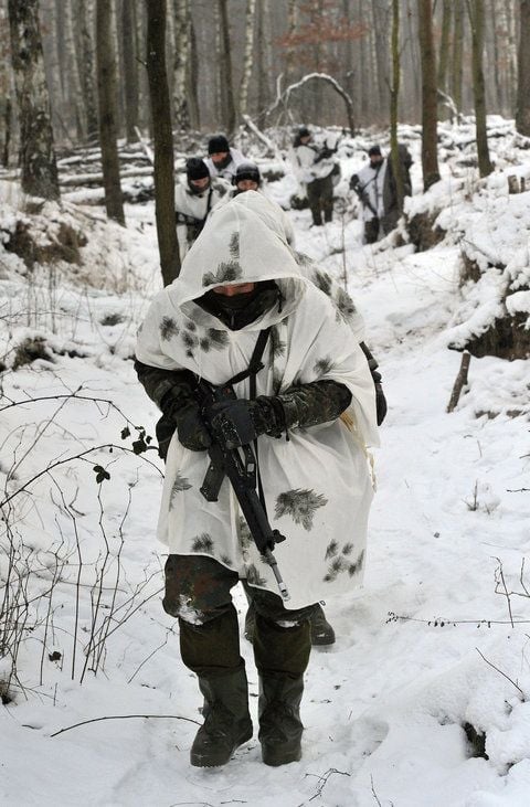 Soldaten des Panzerpionierbataillons 701 kommen aus ihren Stellungen während einer Übung im Zeitzer Forst zurück.