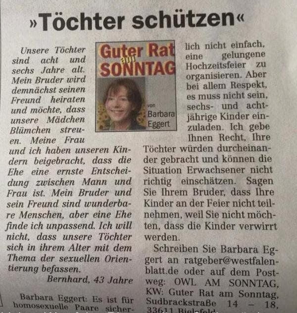 Umstrittene Frage, umstrittene Antwort: Der Text in der Rubrik "Guter Rat am Sonntag" der Kolumnistin Barbara Eggert hatte Homophobie-Vorwürfe und einen Shitstorm im Internet ausgelöst.
