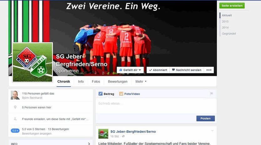 Screenshot von der Facebook-Seite der SG Jeber-Bergfrieden/Serno.