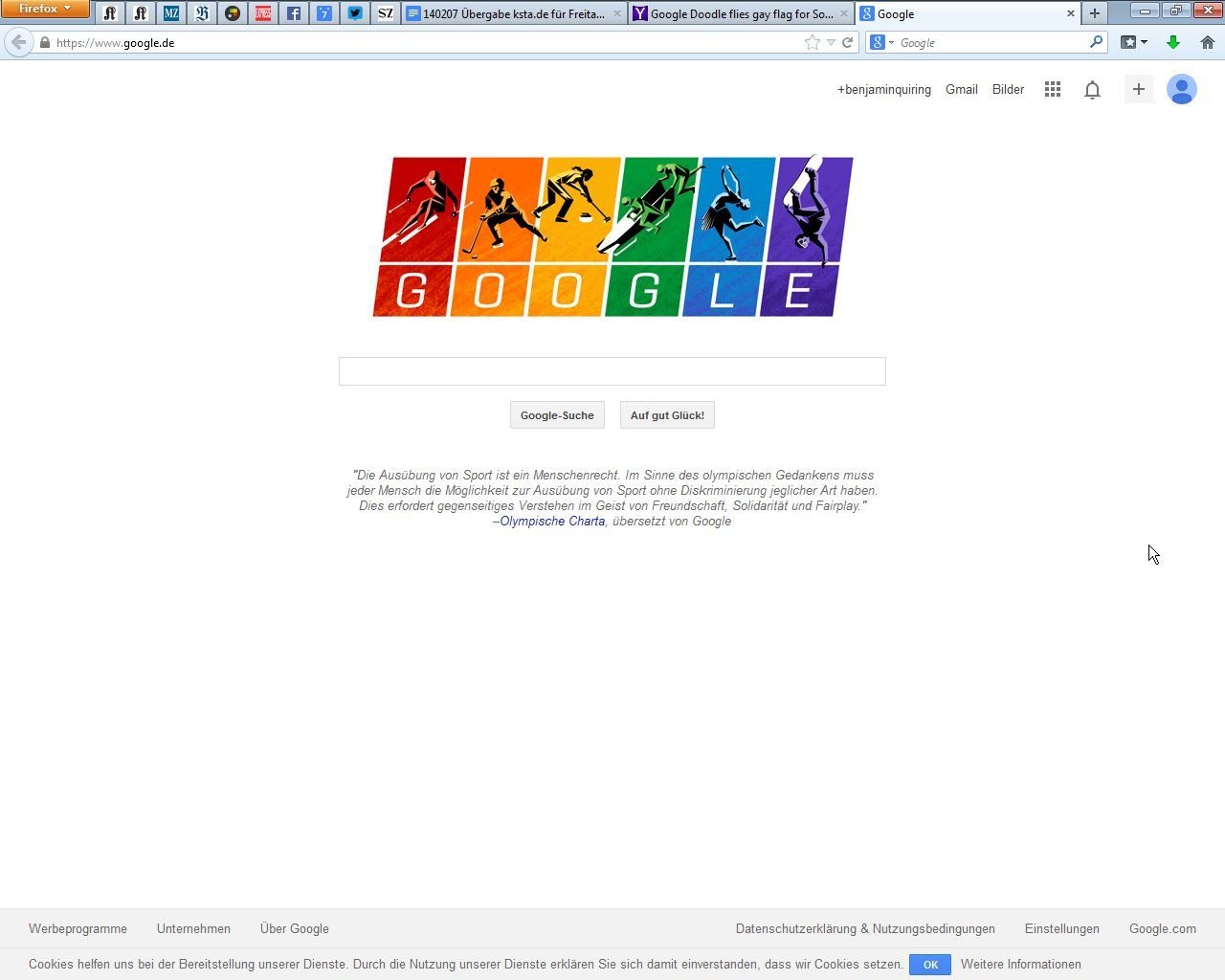 Google hat sein Suchmaschinenlogo zur Olympia-Eröffnung in Sotschi in ein Symbol mit den Farben des Regenbogens geändert.
