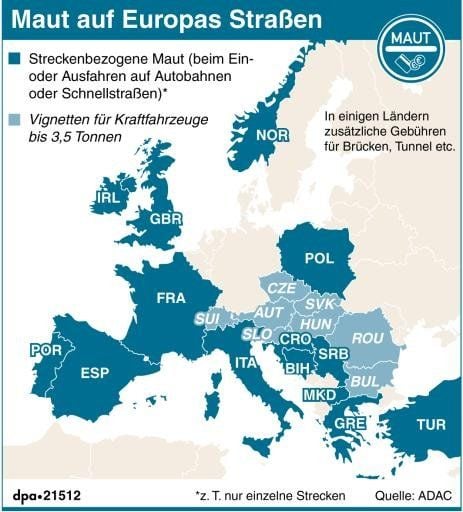 Diese Europakarte zeigt die Länder, in denen Maut (Streckenbezogen oder Vignette) erhoben wird.