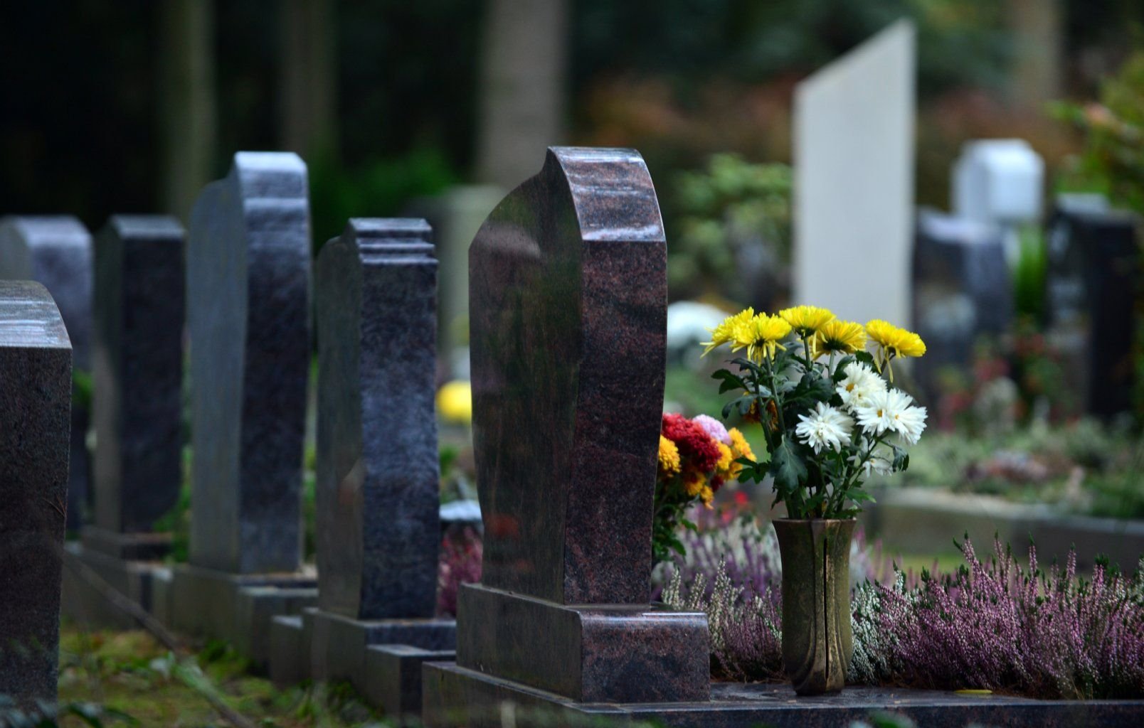 Blumensträuße stehen auf einem Friedhof neben Grabsteinen.
