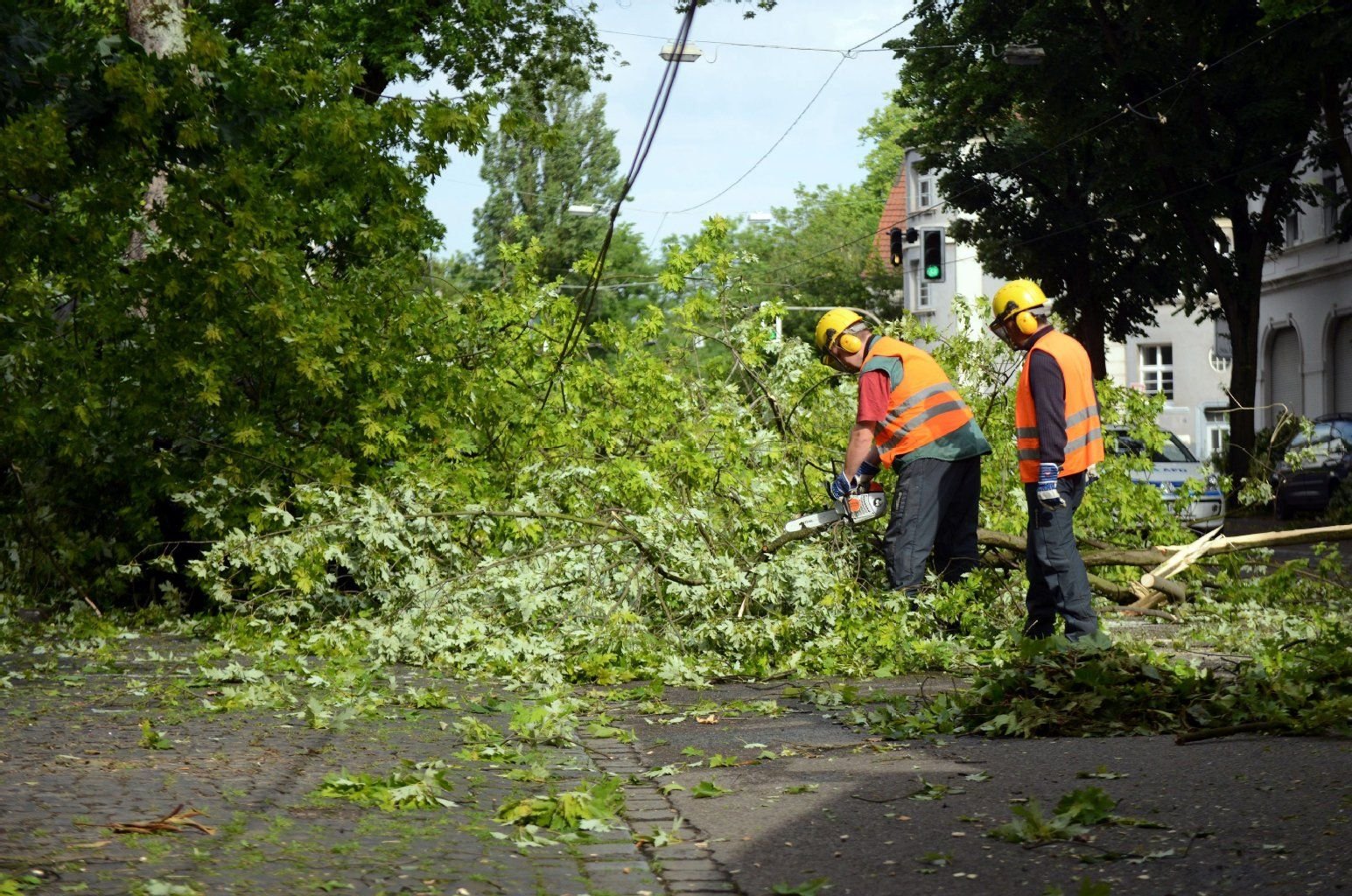 Arbeiter räumen in Gelsenkirchen nach dem Unwetter Äste und Bäume von der Straße.