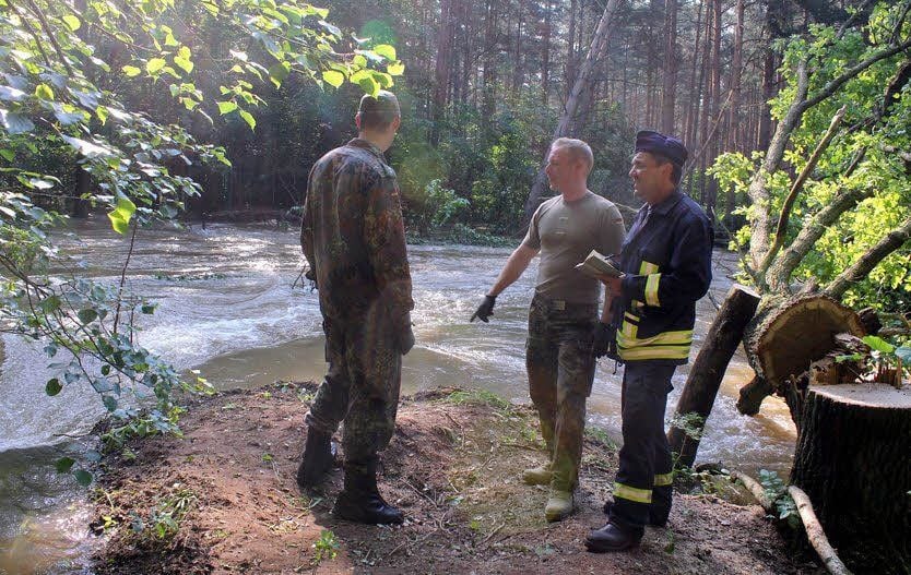 Drei Männer stehen im Juni 2013 nahe dem Deichbruch im Wald bei Aken.