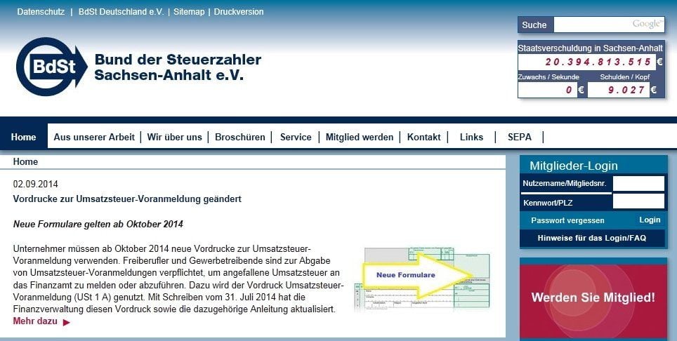 Der Screenshot vom 15.09.2014 zeigt die Website des Bund der Steuerzahler Sachsen-Anhalt e.V.
