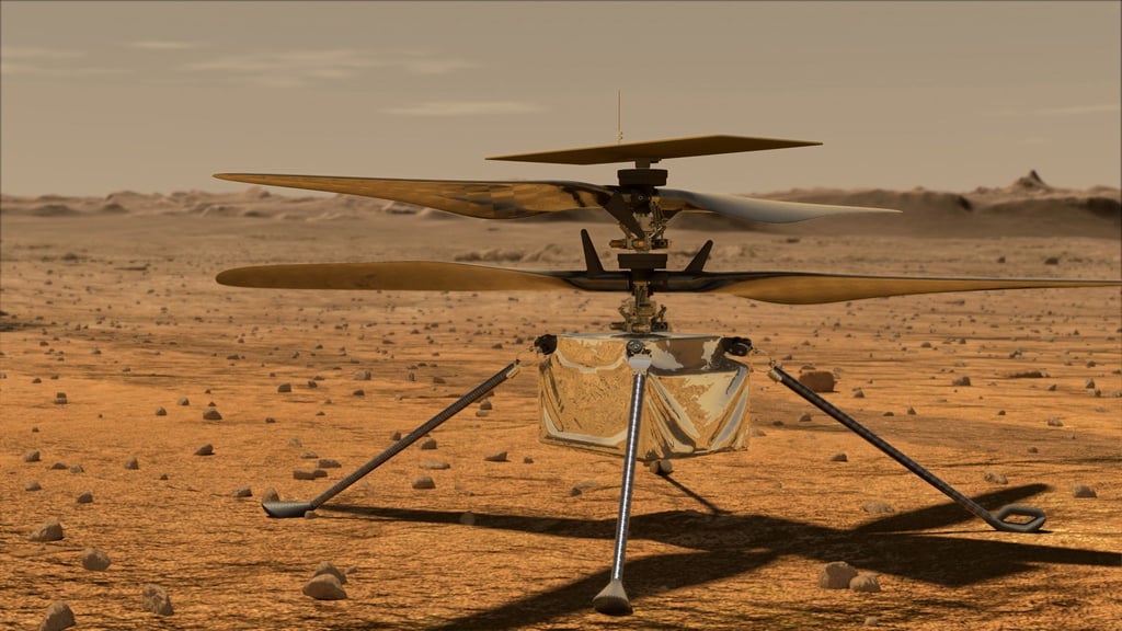 Diese von der NASA zur Verfügung gestellte Illustration zeigt den Mini-Hubschrauber „Ingenuity“ auf der Marsoberfläche.